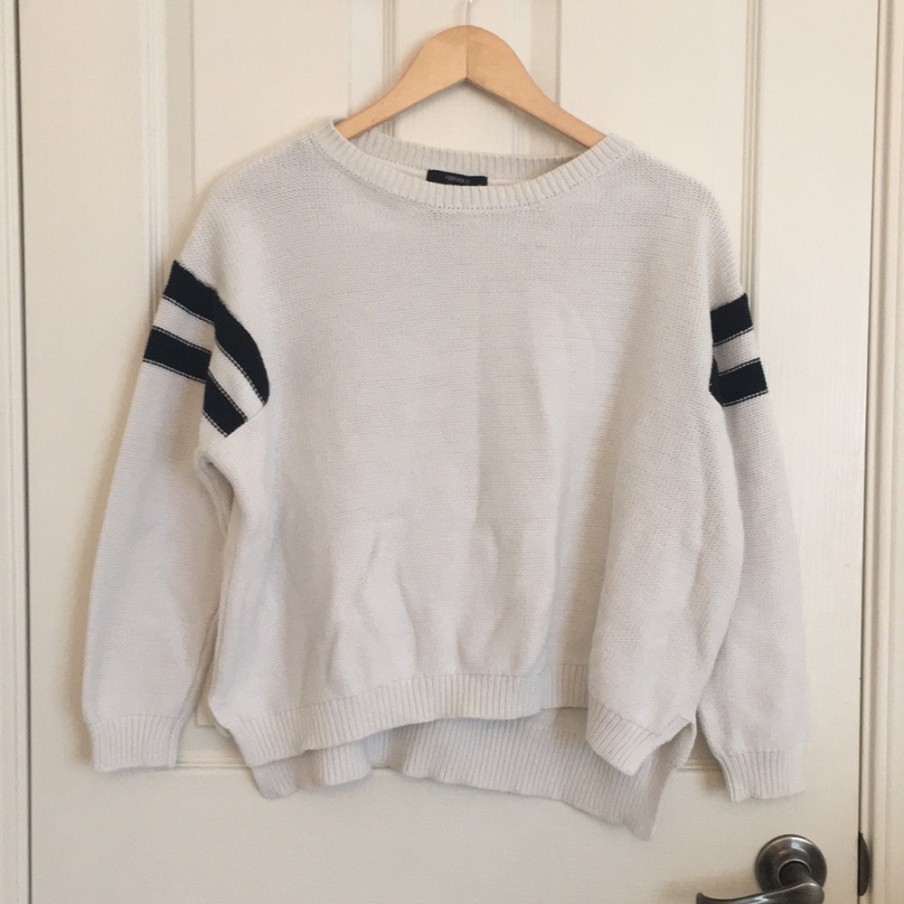 F21 White Loose Fit w/ Striped Sleeves Sweater